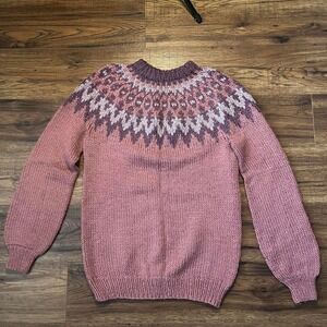 Handmade Fair Isle Wool Knit Sweater Mauve Pink Nordic Pattern Womens M Cottage